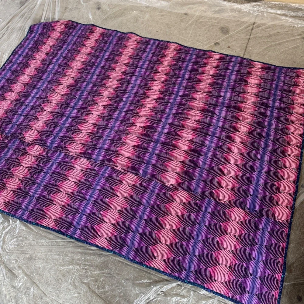 Handmade Vintage Quilt 76x54 Blue Teal Purple Log Cabin Patchwork Geometric 90s